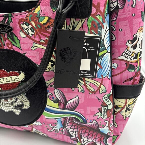 Ed Hardy “Love Kills Slowly” Pink Tattoo Shoulder Bag – Y2K Skulls & Roses - Picture 6 of 8